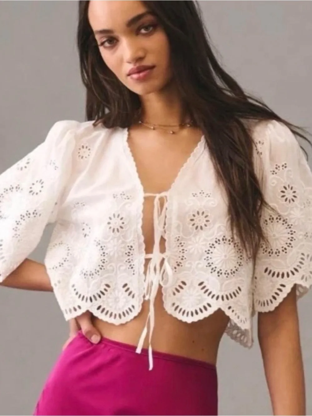 Anthropologie White Floral Eyelet Crop Tie Front Top one size